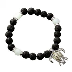 Glowing Silver Sea Turtle & Lava Bead Bracelet